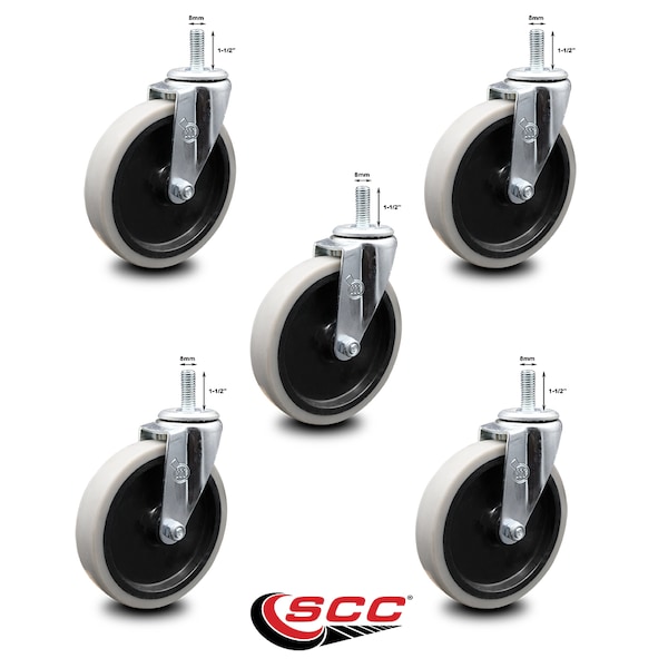 5 Inch Thermoplastic Rubber Wheel 8mm Threaded Stem Caster SCC, 5PK